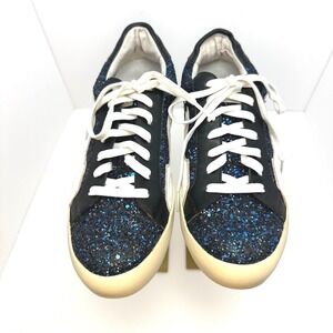 Bibi Lou Blue Glitter‎ Flame Leather Low Top Sneakers Womens Black White